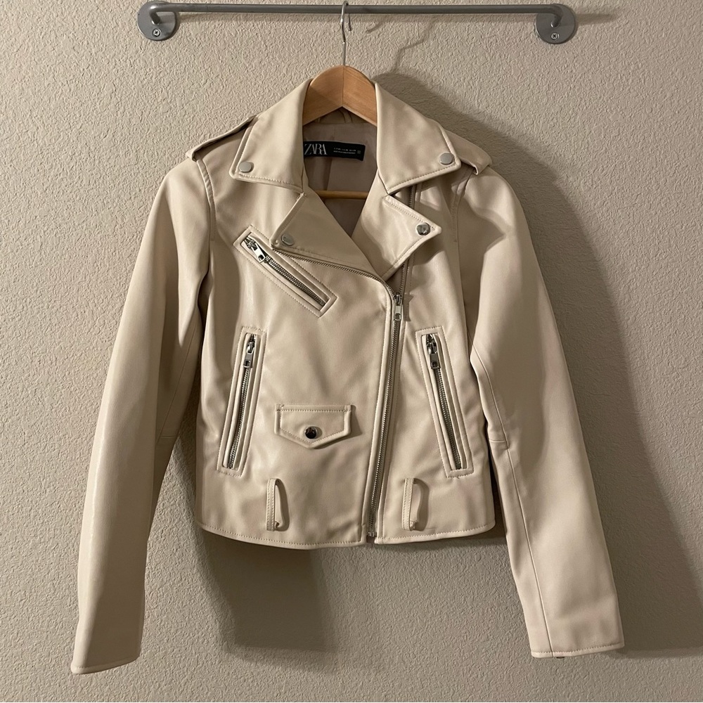 Zara Beige Faux Leather Biker Moto Jacket Sz:XS